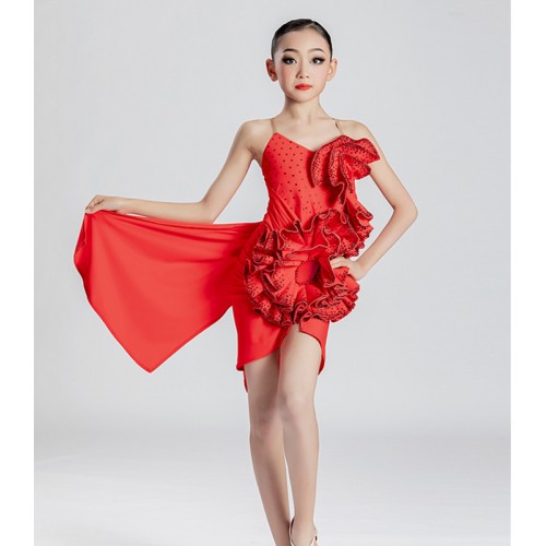 Custom size kids red colored competition diamond latin dance dress for girls kids professional salsa latin dance stage performance costumes model show dress